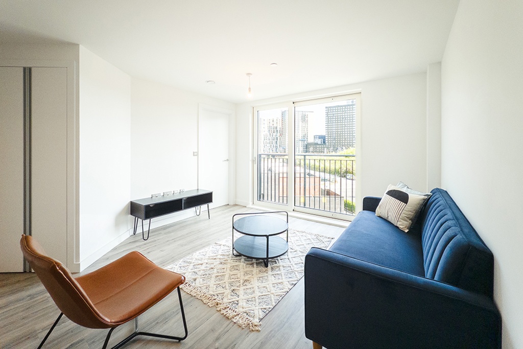 Bright living room in the Middlewood Locks apartment, Salford